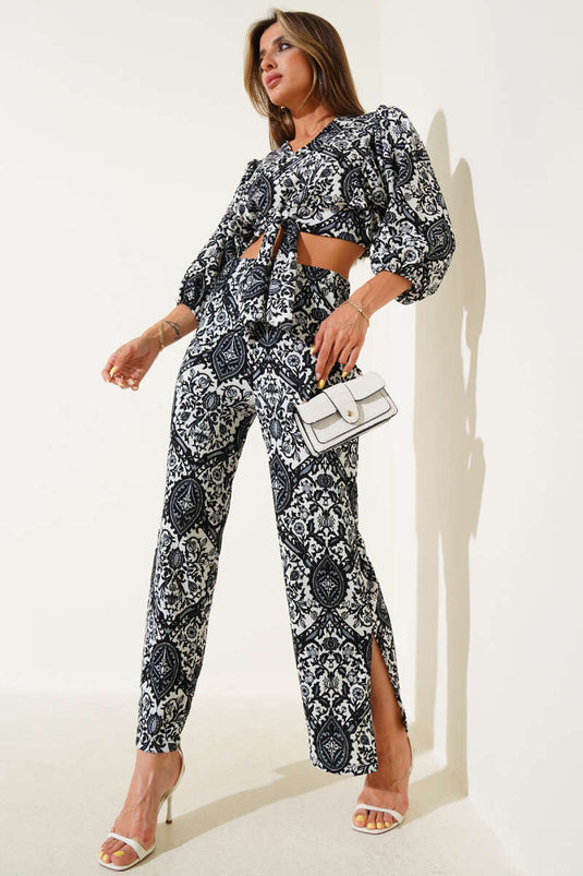 Patterned Front-Tie Two-Piece Set, Black