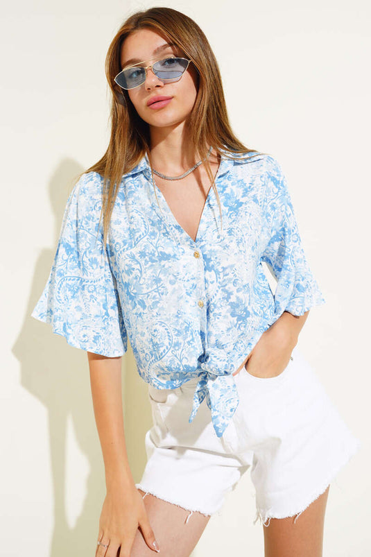 Patterned Tie-Front Shirt Blue