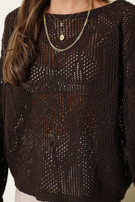Maglione Oversize a Maglia Ajur Fantasia Marrone