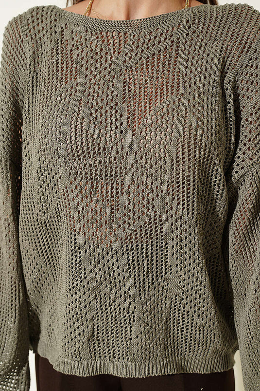 Maglione oversize traforato a rete color verde oliva