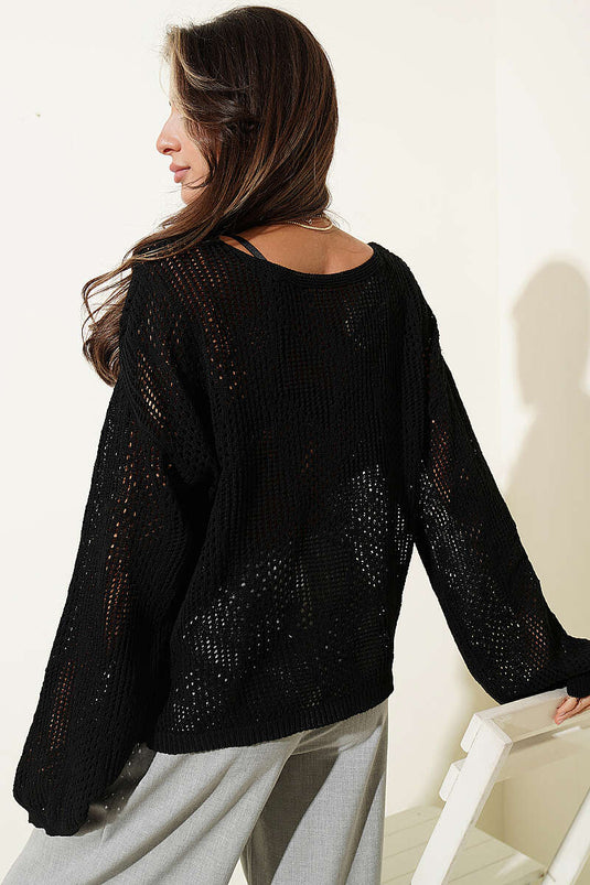 Maglione oversize traforato a maglia nera con motivo