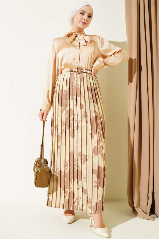 Patterned Pleated Elastic Waist Skirt Beige