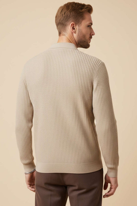 Desenli Polo Yaka Fermuarlı Kazak Bej