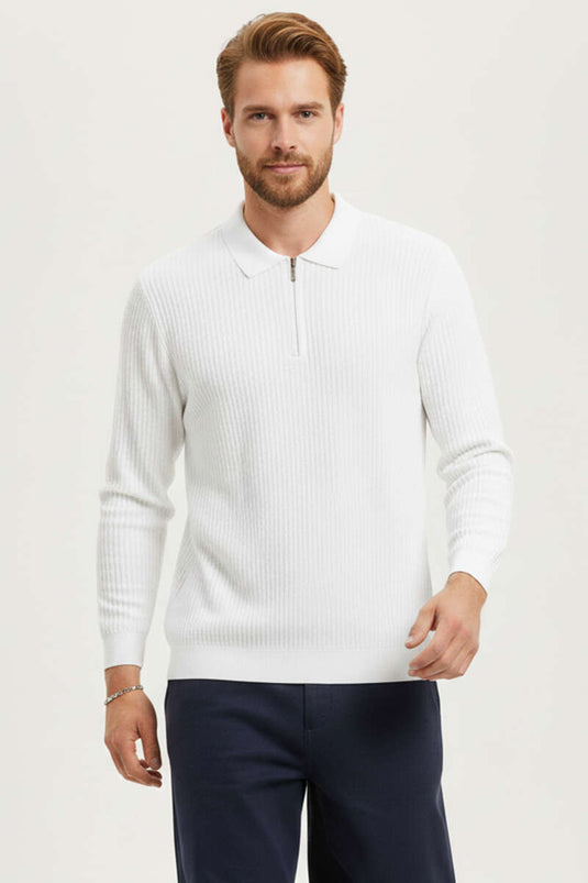 Gemustertes Poloshirt mit Reißverschluss, Ecru