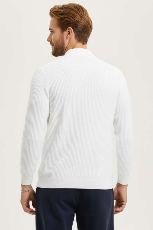 Desenli Polo Yaka Fermuarlı Kazak Ekru