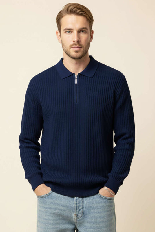 قميص بولو منقوش بسحاب، أزرق داكن