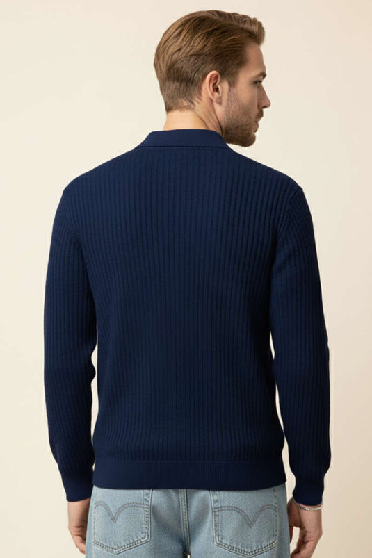 Desenli Polo Yaka Fermuarlı Kazak Lacivert