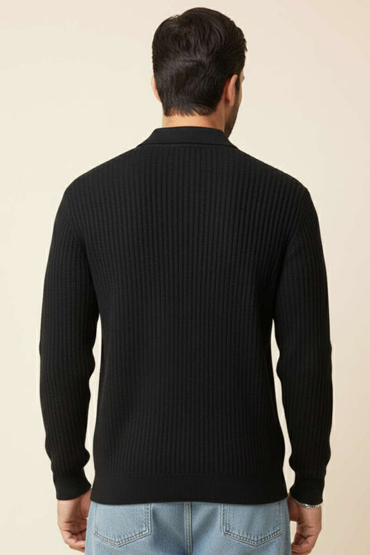 Desenli Polo Yaka Fermuarlı Kazak Siyah