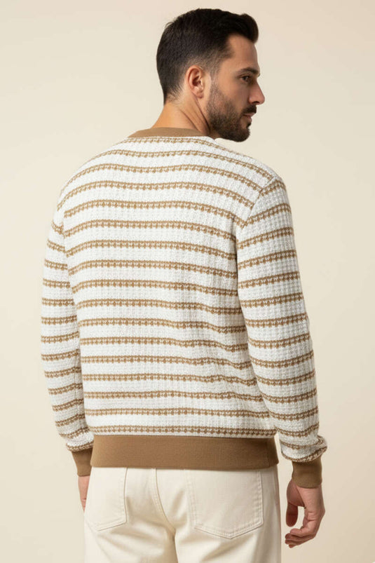 Desenli Polo Yaka Örme Erkek Sweatshirt Camel