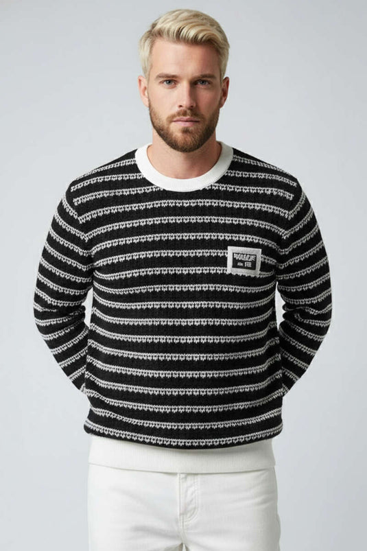 Patterned Polo Collar Knitted Men's Sweatshirt, Ecru