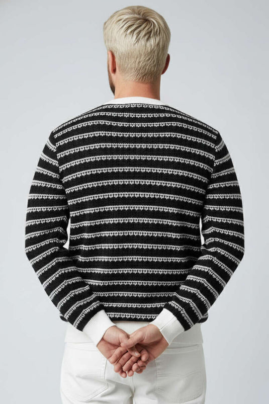 Desenli Polo Yaka Örme Erkek Sweatshirt Ekru