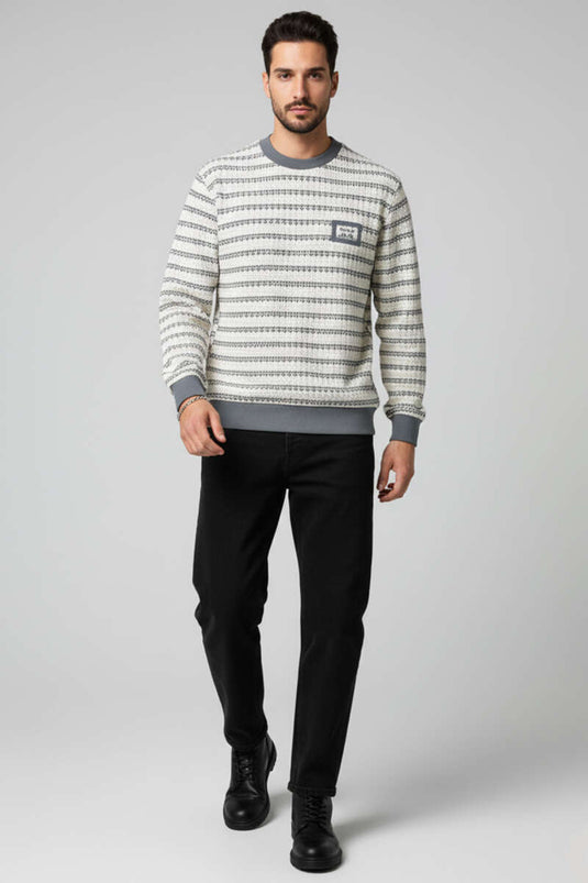 Desenli Polo Yaka Örme Erkek Sweatshirt Gri