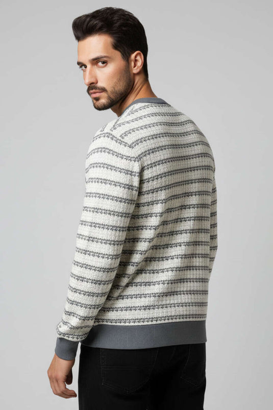 Desenli Polo Yaka Örme Erkek Sweatshirt Gri