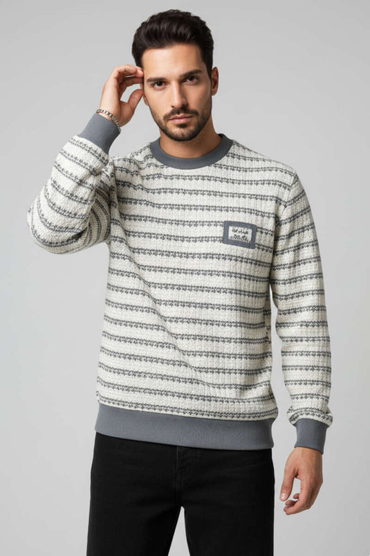 Patterned Polo Collar Knitted Men's Sweatshirt Grey