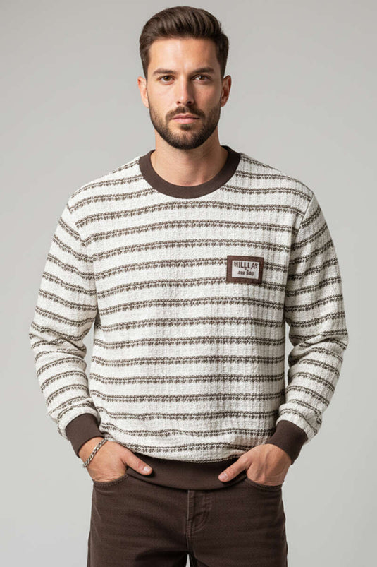 Patterned Polo Collar Knitted Men's Sweatshirt, Brown