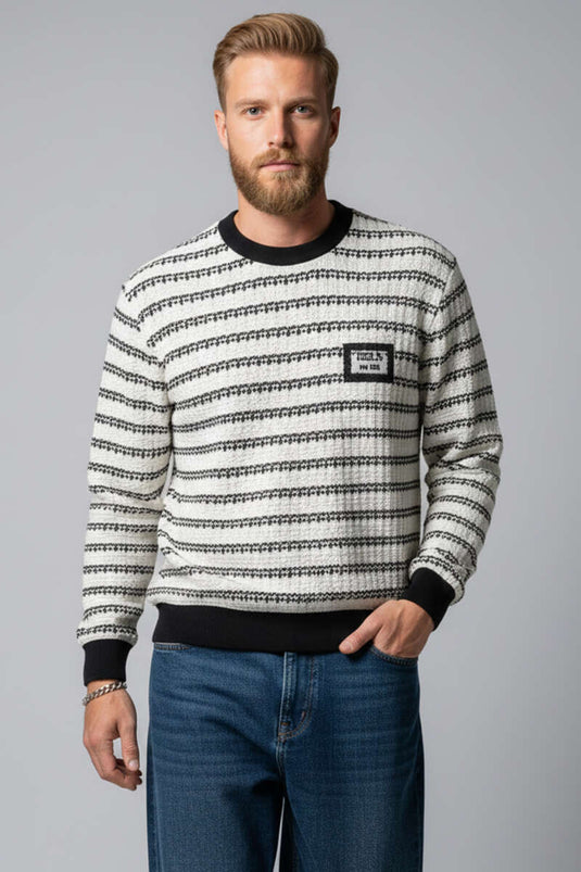 Patterned Polo Collar Knitted Men's Sweatshirt Black
