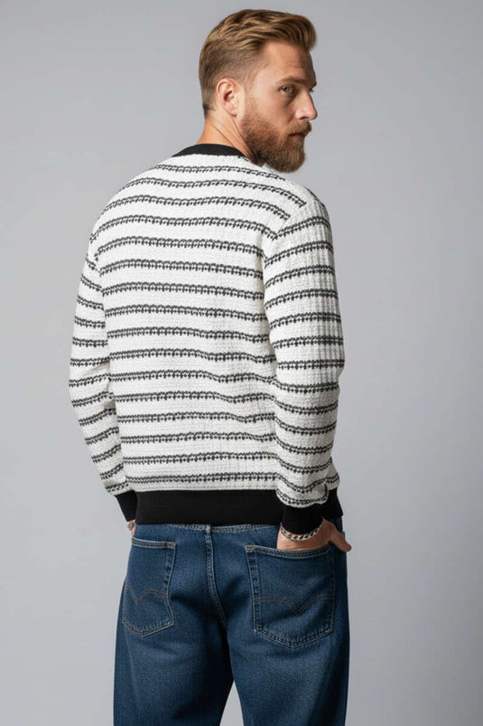 Desenli Polo Yaka Örme Erkek Sweatshirt Siyah