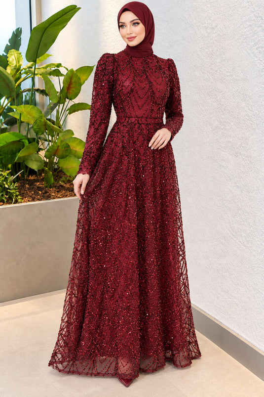 Robe De Soirée Brodée À Motifs Bordeaux