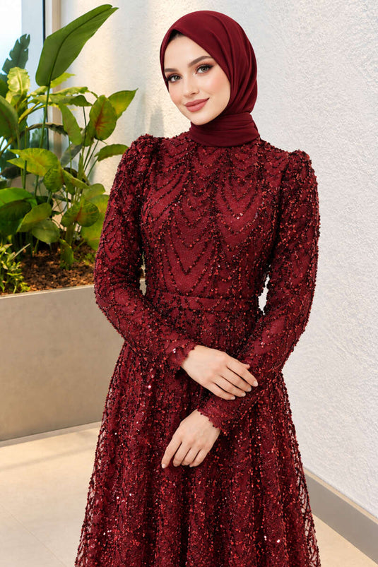 Robe De Soirée Brodée À Motifs Bordeaux