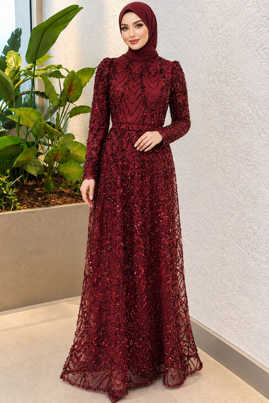 Robe De Soirée Brodée À Motifs Bordeaux