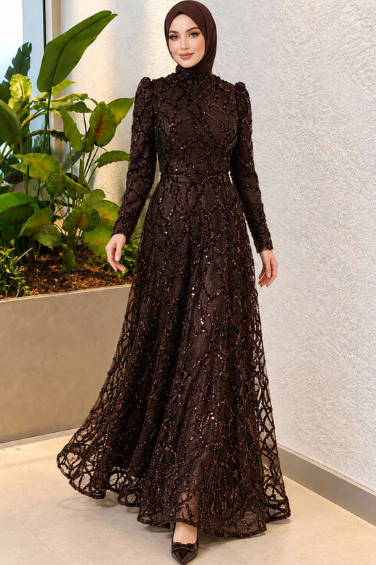 Gesticktes Abendkleid Mit Muster In Kaffee