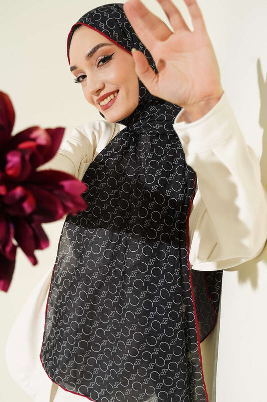 وشاح ديموري مزخرف بحواف مضلعة أسود خمري