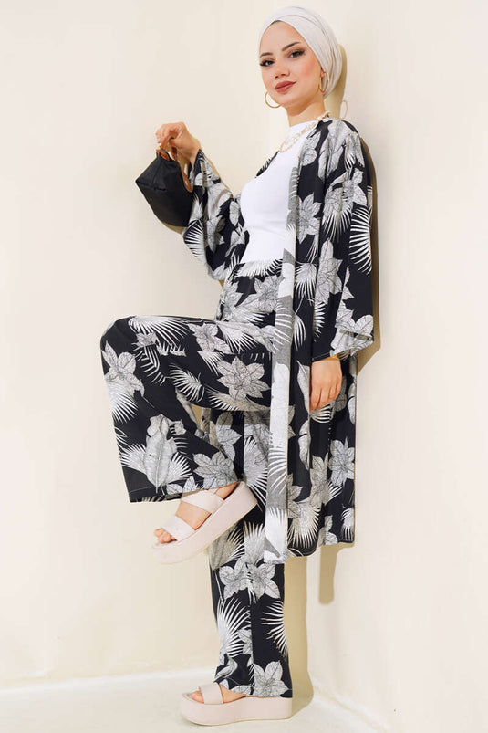 Patterned Oversized Kimono Two-Piece Set Black