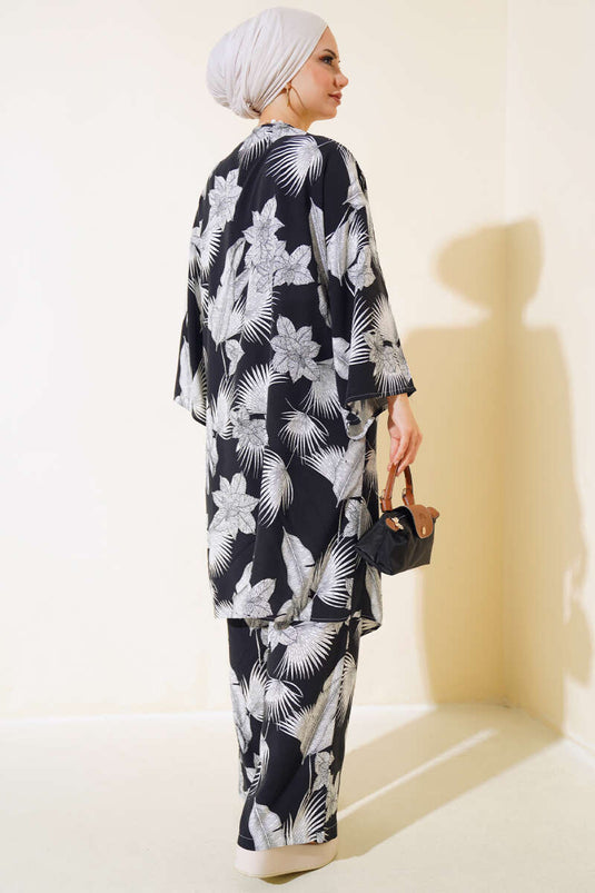 Patterned Oversized Kimono Two-Piece Set Black