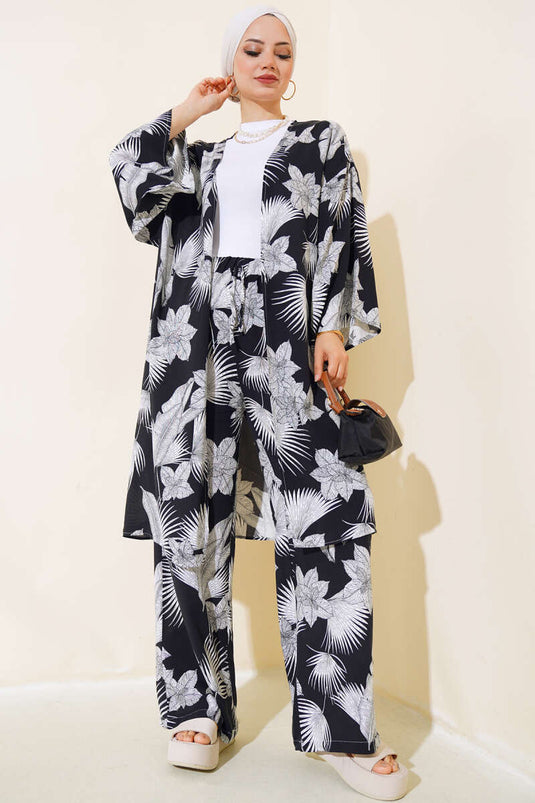 Patterned Oversized Kimono Two-Piece Set Black