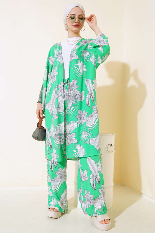 Patterned Oversized Kimono Two-Piece Set Green