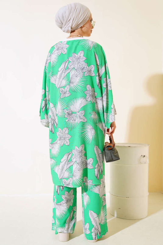 Patterned Oversized Kimono Two-Piece Set Green