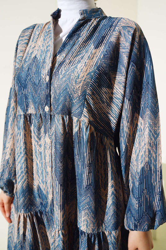 Robe Ample Demi Boutonnée à Motifs Indigo