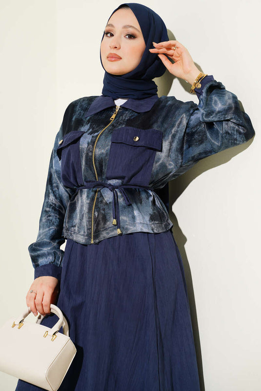 Patterned Satin Blouse and Skirt Two-Piece Set Navy Blue