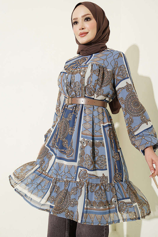 Gemusterte Chiffon-Tunika In Blau