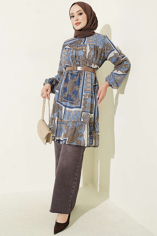 Gemusterte Chiffon-Tunika In Blau
