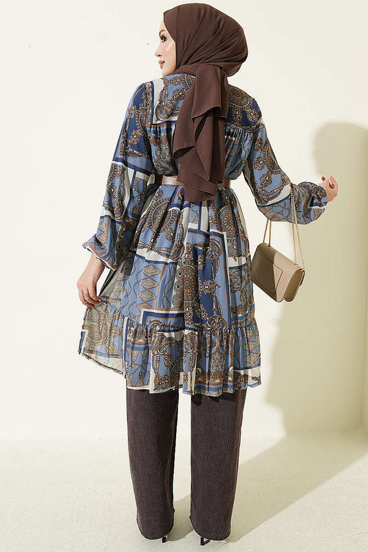 Gemusterte Chiffon-Tunika In Blau