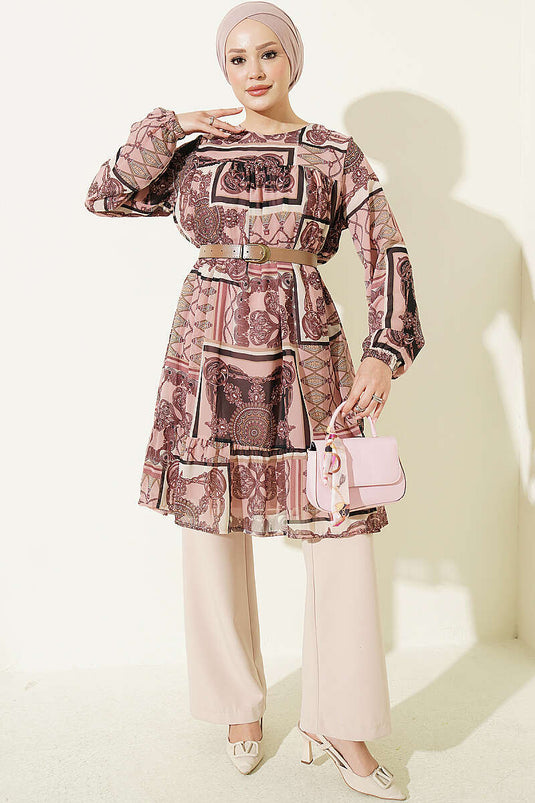 Túnica De Chiffon Estampada Rosa