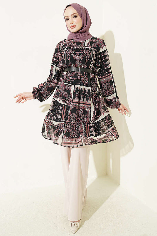 Gemusterte Chiffon-Tunika Schwarz