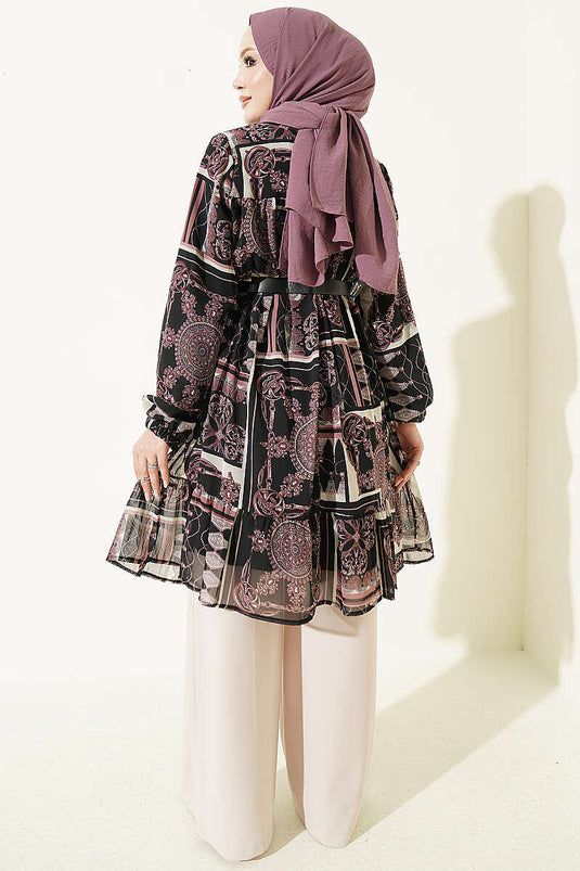 Gemusterte Chiffon-Tunika Schwarz