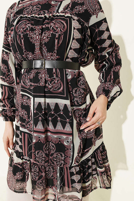Gemusterte Chiffon-Tunika Schwarz