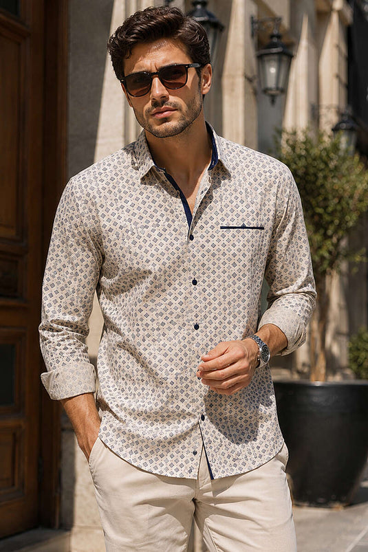 Desenli Slim Fit Uzun Kol Erkek Gömlek Bej