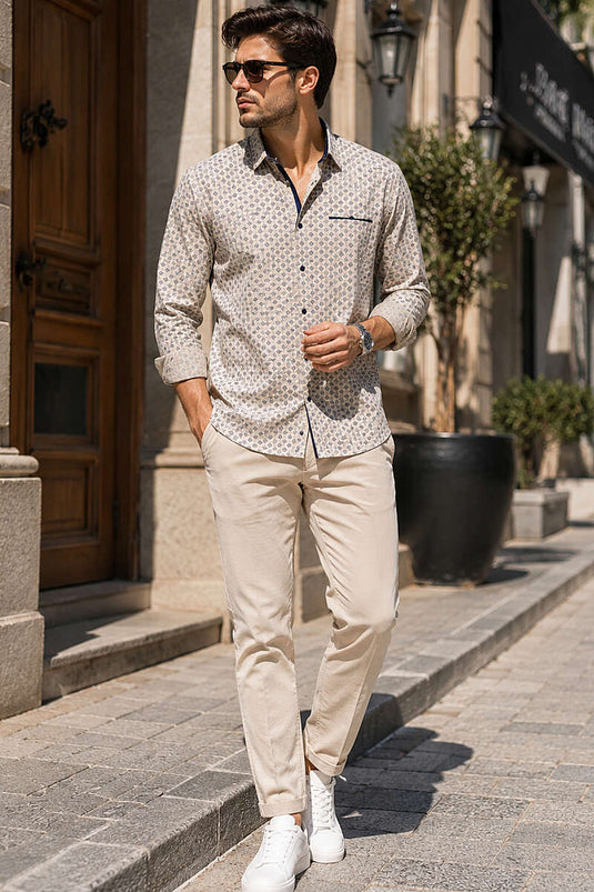 Desenli Slim Fit Uzun Kol Erkek Gömlek Bej