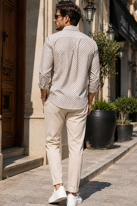 Desenli Slim Fit Uzun Kol Erkek Gömlek Bej