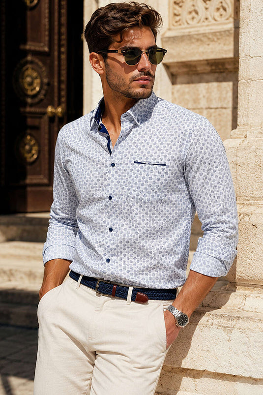 Desenli Slim Fit Uzun Kol Erkek Gömlek Beyaz