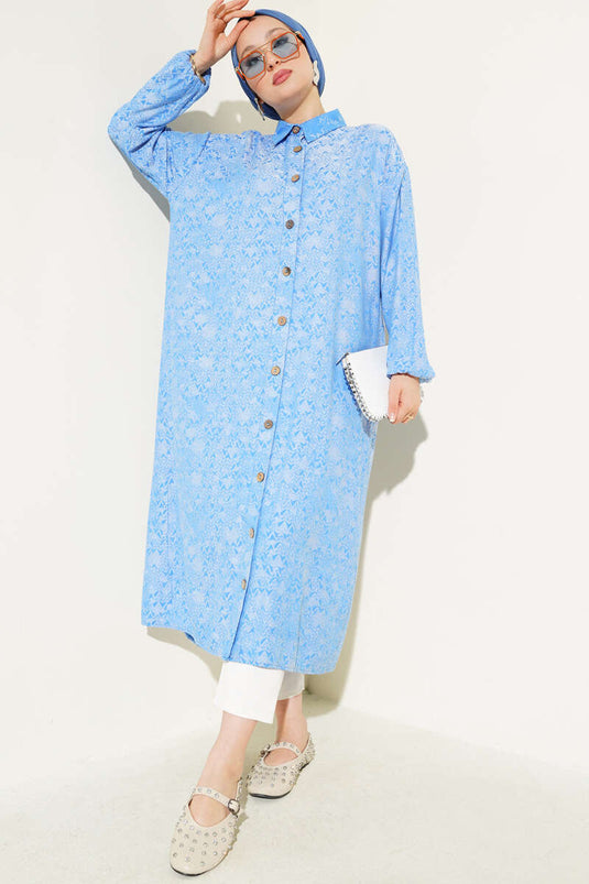 Patterned Long Shirt with Wooden Buttons, Blue