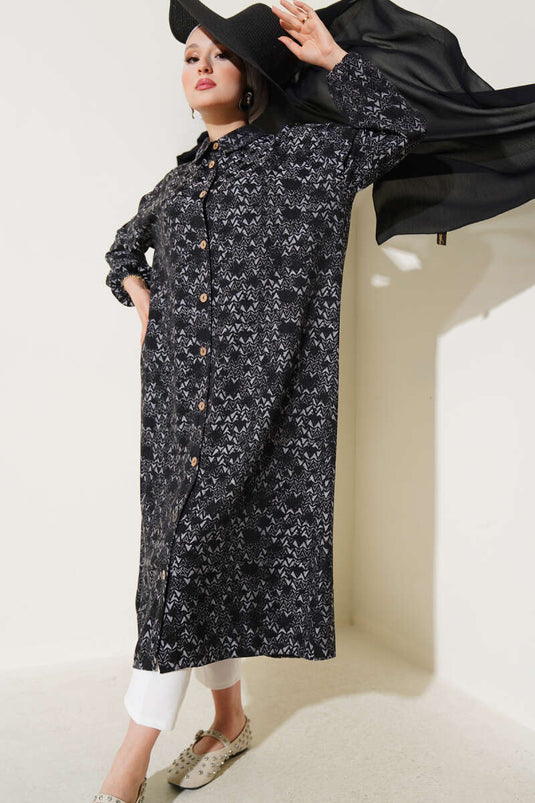 Patterned Long Shirt with Wooden Buttons, Black
