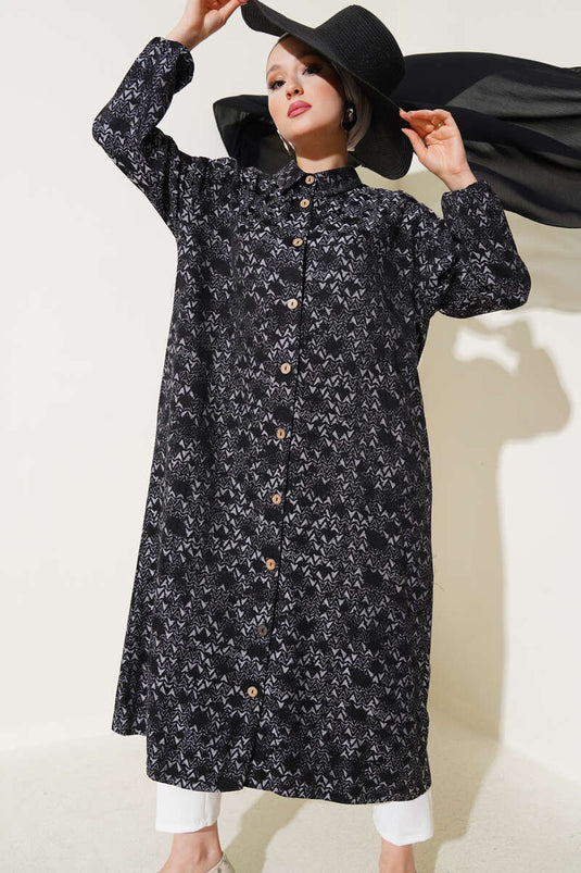 Patterned Long Shirt with Wooden Buttons, Black