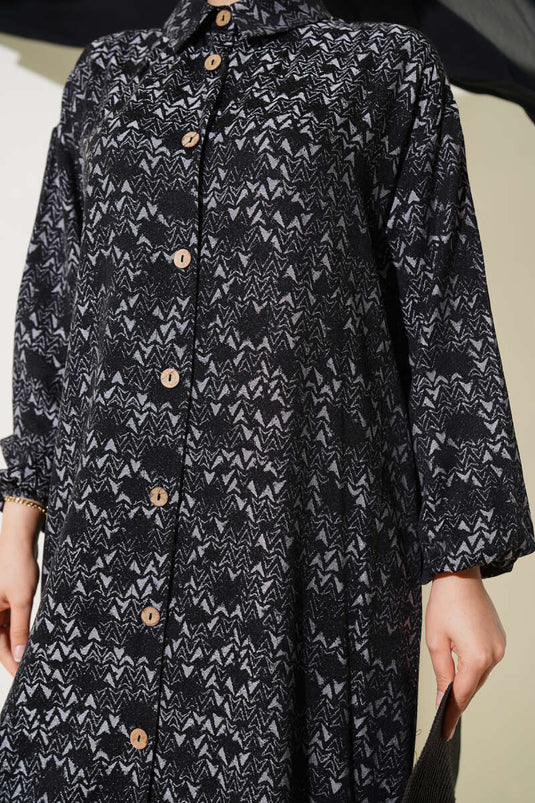 Patterned Long Shirt with Wooden Buttons, Black