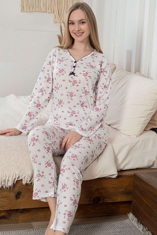 Patterned Three-Button Viscose Pajama Set Rose Dust