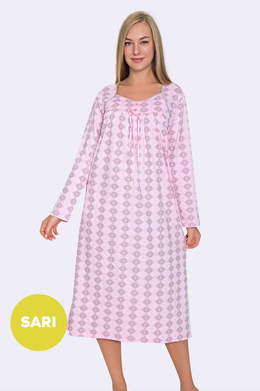 Patterned Long Sleeve Women's Nightgown Yellow